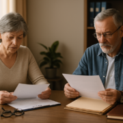 Two older adults seated separately at a table in a family law office, reviewing divorce documents