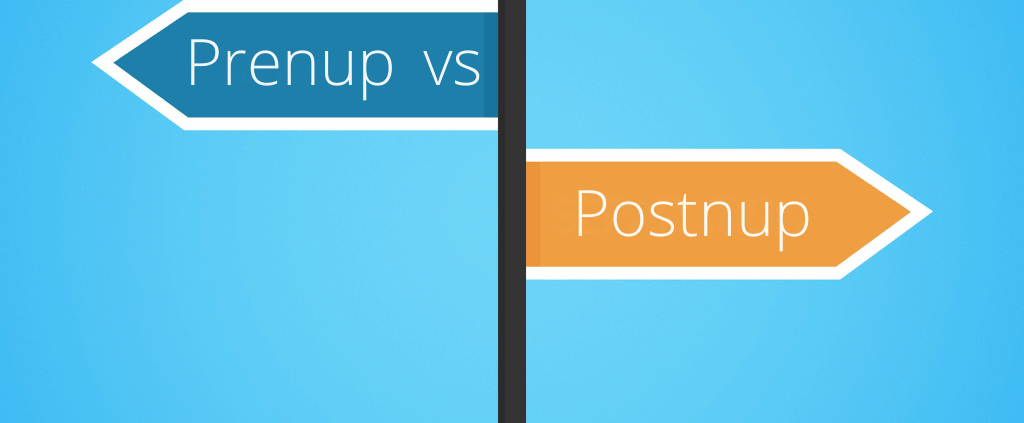 Blue and orange signpost labeled “Prenup vs Postnup” on a blue background.
