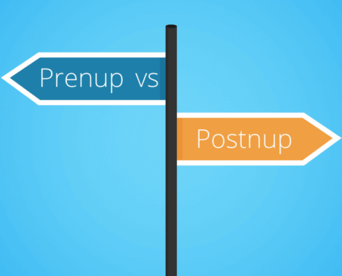Blue and orange signpost labeled “Prenup vs Postnup” on a blue background.